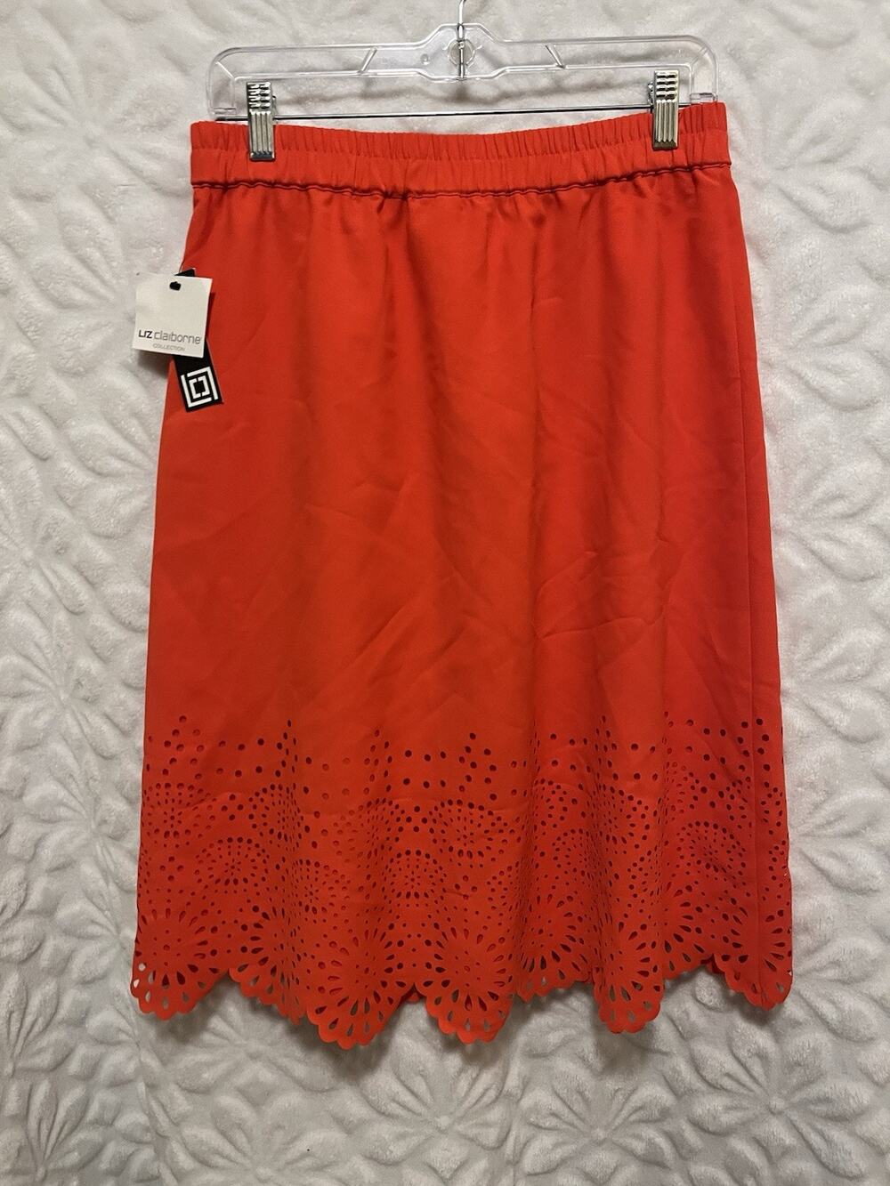 Liz Claiborne Midi Skirt Womens Small Orange Scalloped Eyelet A-Line Elastic